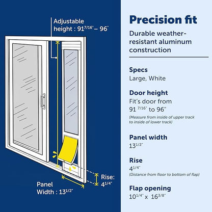 PetSafe Sliding Glass Pet Door - No-Cut DIY Install Doggy Door for Renters - Aluminum Frame - Adjustable Height 91 7/16" to 96" - Ideal for Large Dogs Up to 100 lb - White