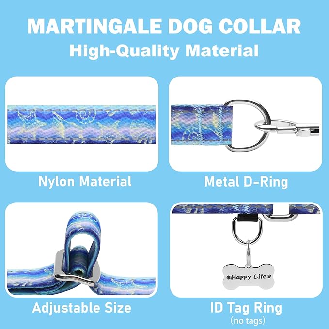 Reflective Martingale Collar for Dogs Nylon Training Collar with No Buckle, No Pull Adjustable Dog Collar for Small Dogs（Blue Starfish，S）