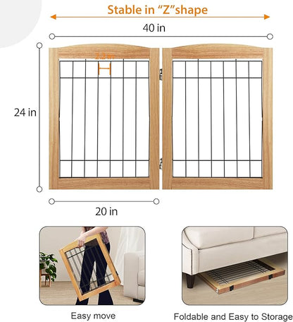 LZRS 2-Panel Freestanding Foldable Wood Dog Gate – Solid Wood & Steel Wire, Chew-Resistant Pet Barrier for Indoor Use, Ideal for Small to Medium Dogs, Natural