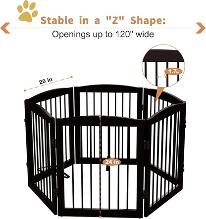 PUPETPO Freestanding Pet Gate for Dogs, Foldable Wooden Dog Gate for House, Extra Wide Indoor Pet Barrier for Stair, Doorway, Hall, Support Feet Included, 120 Inch Wide, 6 Panels 24", Brown