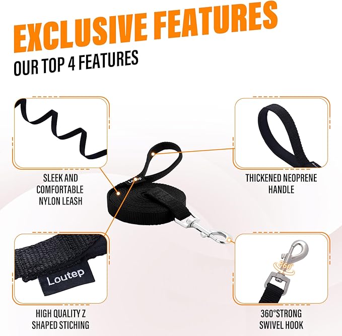 Dog Training Leash - Long Line for Recall & Obedience, Nylon Training Lead with Padded Handle, 15 ft / 20 ft / 30 ft / 50 ft / 100 ft - Long Leash for Dogs Outside, Small/Medium/Large