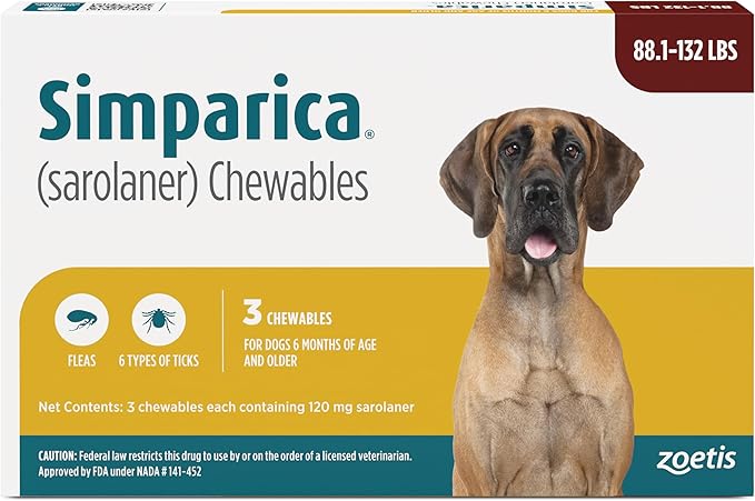 Simparica (sarolaner) Chewables for Dogs, 120 mg/tab, 88.1-132 lbs (Brown), 3 Tablets