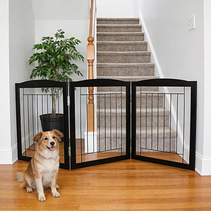 ZJSF Freestanding Foldable Dog Gate for House Extra Wide Wooden Black Indoor Puppy Gate Stairs Doorways Pet Gate Tall Dog Fence 3 Panels Fence
