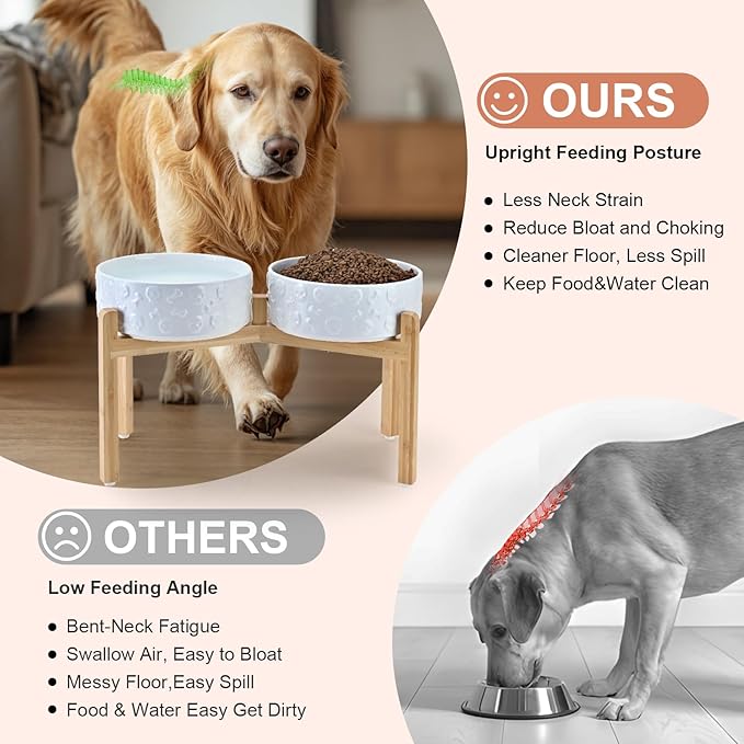 SPUNKYJUNKY Elevated Dog Bowls Ceramic, 8.3'' Dogs Food Water Bowls Raised with Non-Slip Bamboo Stand for Large Sized Breed Microwave Dishwasher Safe - 60 OZ,Skull White