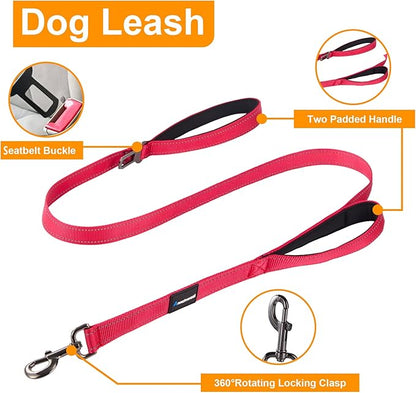 Annchwool No Pull Dog Harness,Heavy Duty Reflective Collar & Leash Set-Leash with Double Handle & Car Seatbelt Clip-Easy Control for Walking Training Medium Large Size Dogs(Red,L)