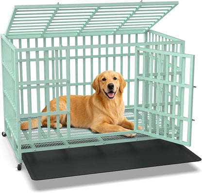 Hiwokk 48 Inch Heavy Duty Dog Crate, Indestructible Escape-Proof Dog Kennel for High Anxiety Large Dogs, Strong Metal Pet Cage with Double Doors, Lockable Wheels & Removable Tray, XL XXL XXXL