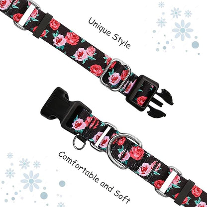 Martingale Collar for Dogs Pink Floral Dog Collars for Small Dogs with Buckle Girl Female Soft Nylon Dog Collar (Black Pink Rose, S)