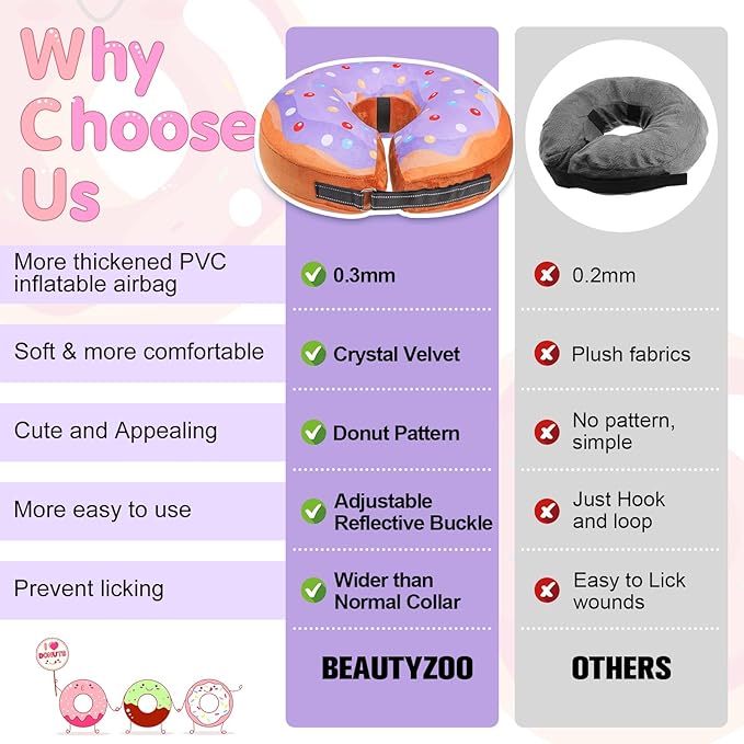 BEAUTYZOO Dog Cone Alternative After Surgery for Large Medium Small Dogs, Soft Inflatable Cone Collar for Dogs Cats, Dog Neck Donut E Collar Dog Recovery Collar to Stop Licking, Purple Donut, L