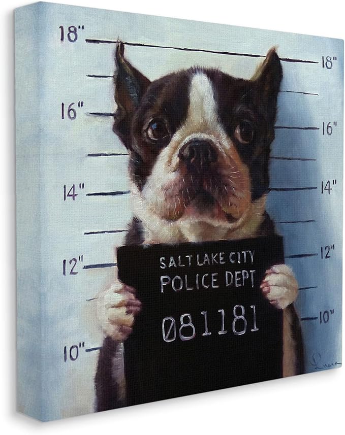 Stupell Industries Funny Boston Terrier Dog Jail Convicted Police, Design by Lucia Heffernan,Blue