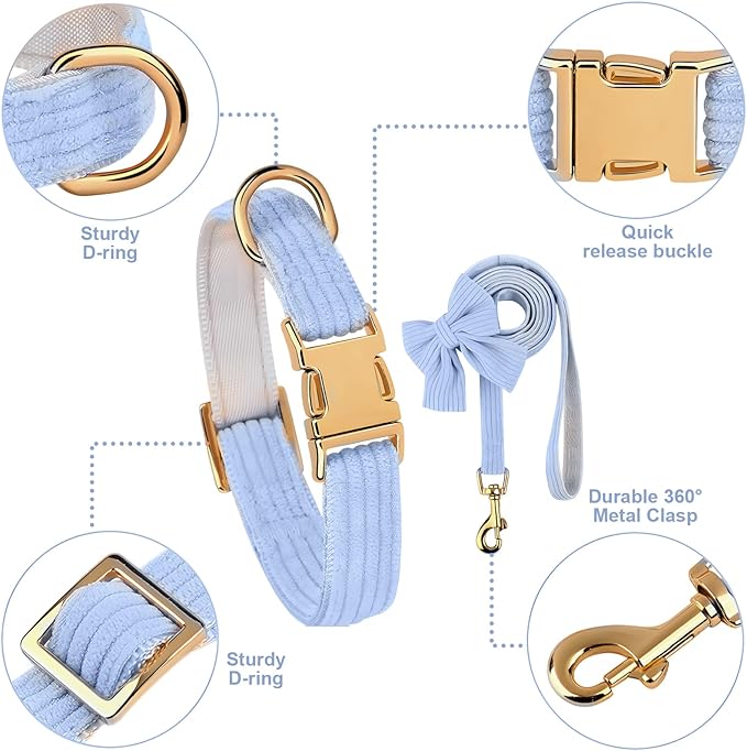 Dog Collar and Leash Set with Bowtie, Girl Dog Collars Metal Buckle Adjustable for Small Medium Dogs (Blue, S: Neck 10"-16" Leash 5 FT)