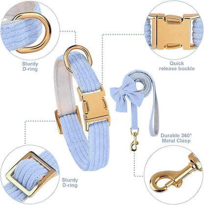 Dog Collar and Leash Set with Bowtie, Girl Dog Collars Metal Buckle Adjustable for Small Medium Dogs (Blue, S: Neck 10"-16" Leash 5 FT)