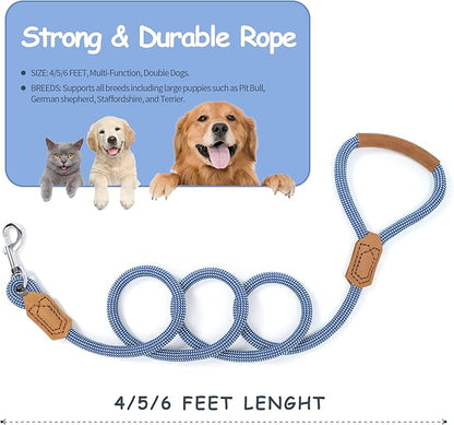 Mile High Life | Premium Leather Dog Leash | Strong Rope Leash | Leather Handle | Zinc Alloy Strong Clasp | Small Medium Large Dogs | 4/5/6 Feet(Blue White, 60 Inch (Pack of 1))