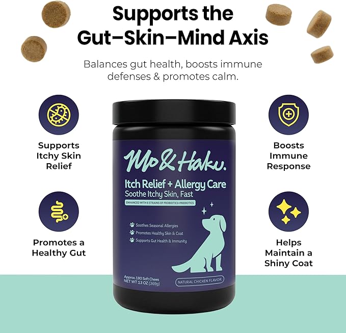 Mo & Haku Dog Allergy Relief Chews - 180 Soft Chews Immune Itch Support for Dogs Itchy Skin, Ears, Paw Licking, Seasonal Allergies - with Prebiotics & Probiotics, Colostrum & Salmon Oil