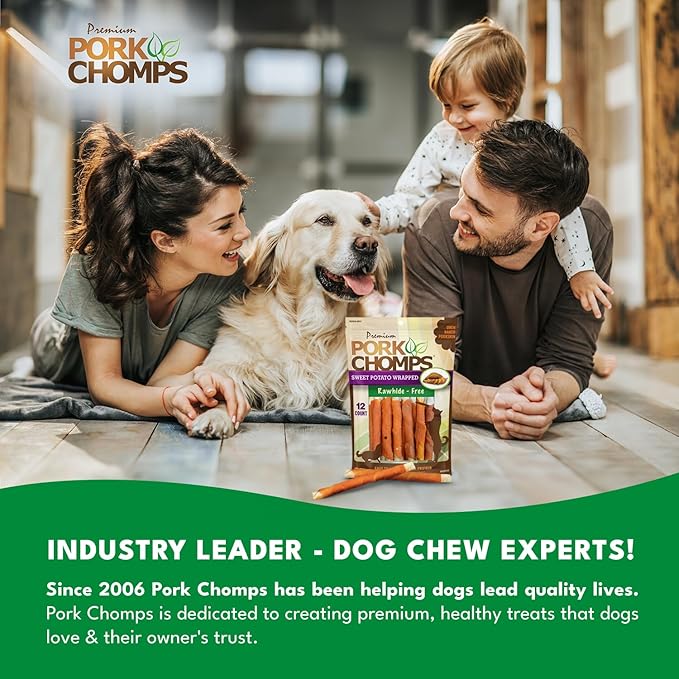 Pork Chomps Baked Pork Skin Dog Chews, 5 Inch Mini Twists, 12 Count - Sweet Potato Wrap - Long-Lasting Treats for Dogs - High Protein, Rawhide-Free, Low Fat, Healthy & Delicious Chews