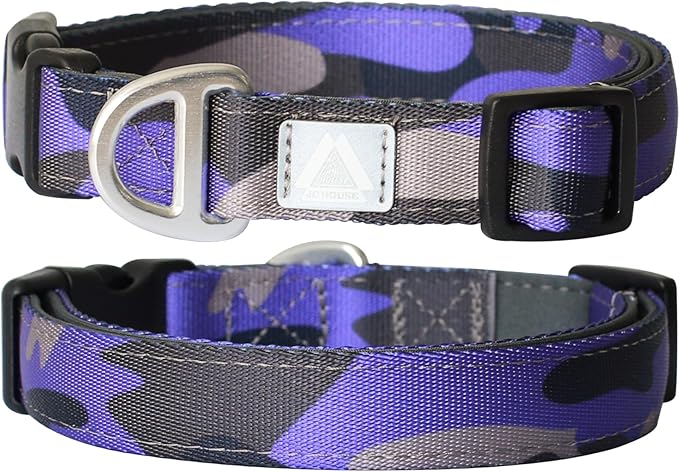 Soft Padded Dog Collar, Neck 12’’-20’’, Adjustable Heavy Duty Collar with 3M Reflective Logo for Medium, Large Dogs, Camo Purple, Medium