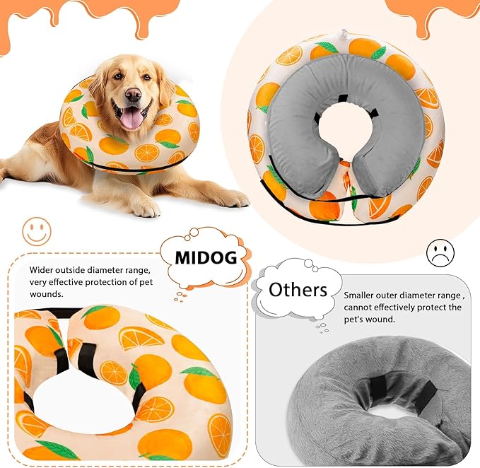 MIDOG Inflatable Dog Cone Alternative for After Surgery - Soft Protective Donut Collar Prevents Licking, Comfortable Recovery E-Collar Alternative for Small Medium Large Dogs (Orange,L)