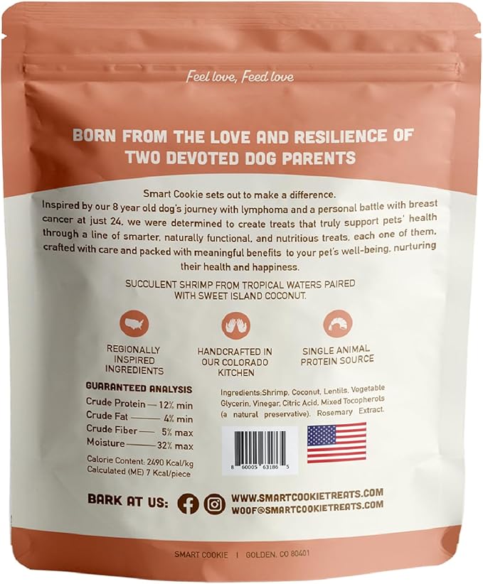 Smart Cookie All Natural Dog Treats - Shrimp & Coconut - Training Treats for Dogs with Allergies, Sensitive Stomachs - Soft Dog Treats, Chewy, Grain Free, Human-Grade, Made in USA - 5oz, Pack of 3