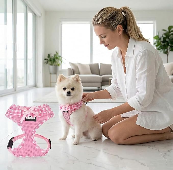 SuperBuddy Upgraded Soft Mesh Dog Harness, Super Breathable Lightweight Pet Harnesses for Puppy Dogs Outdoor Walking, Pink Dog Harness -Medium