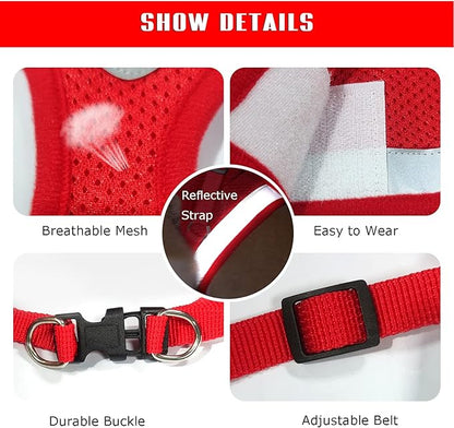 FEimaX Dog Harness and Leash Set for Walking, Soft Mesh Adjustable Easy Control Lightweight Cat Vest Harnesses with Reflective Strips, Escape Proof Small Dogs Cats Vests (Red, X-Large)