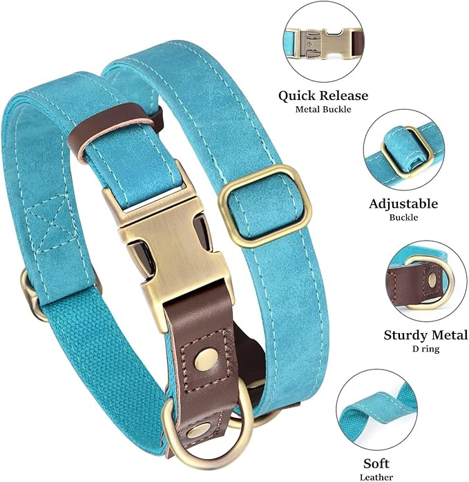 Didog Soft PU Leather Dog Collar for Large Dogs,Classic Adjustable Dog Collars with Quick Release Metal Buckle,Easy Clean and Comfortable with Nylon Lining,Light Blue,L Neck 16-23"
