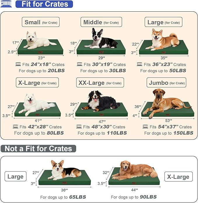 Outdoor All Weather Dog Bed, XXL Waterproof Dog Bed for Large Dogs, Orthopedic Egg Crate Foam Pet Mat with Removable Washable Oxford Cooling Cover, 47x29 Inch, Dark Green