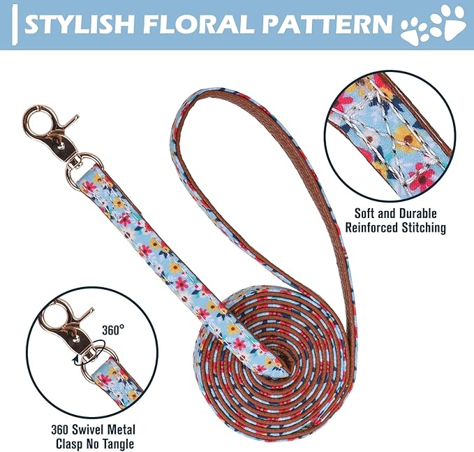 EXPAWLORER Dog Collar and Leash Set - Embroidery Floral Dog Bow Tie and Bandana Collar with Bell, Cute Flower Pet Collars and Rotating Leash No Tangle for Outdoor Walking, Blue S