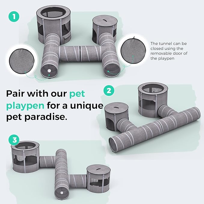 PETOCAT Cat Tunnel 4 Way with Teaser Wand & 2 Plush Ball, 5 Shapes Available, 54/80.7" L, H-Shaped Collapsible Pet Play Tube Maze for Kitten Puppy Bunny Ferret Rabbit, Indoor/Outdoor Peekaboo Cave