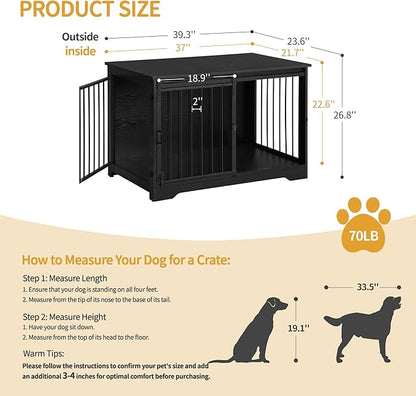 Hzuaneri 39.3" Dog Crate Furniture with Barn Door, Heavy Duty Dog Kennel Indoor with 2 Doors, Wooden Pet Cage End Table for Large Small Medium Dogs, Anti-Chew Anti-Escape, Black DFC02304B