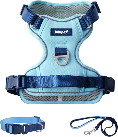 3 in 1 No Pull Dog Harness Leash and Collar Set, Soft Adjustable Dogs Vest Reflective and Comfortable Handle Blue Large