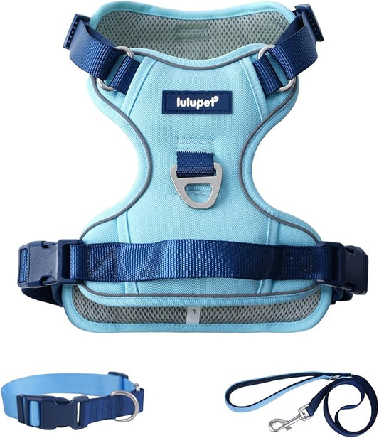 3 in 1 No Pull Dog Harness Leash and Collar Set, Soft Adjustable Dogs Vest Reflective and Comfortable Handle Blue Medium