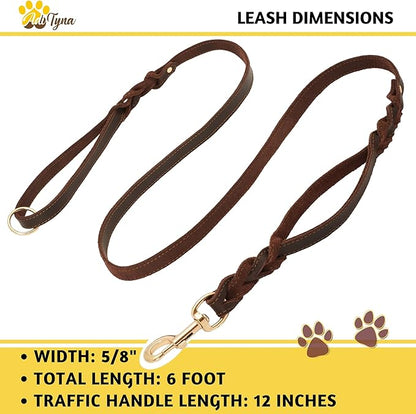 ADITYNA - Double Handle Leather Dog Leash 6ft - Heavy Duty Braided Dog Leash with Traffic Handle - Lead for Training and Walking Medium Large Breeds (Brown, Two Handles 6 Foot x 5/8")