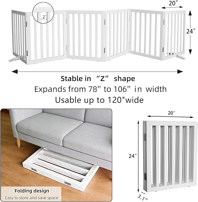 ZJSF Freestanding Indoor Dog Gate for House Foldable Wood White Puppy Gate for Doorways Pet Gate for Stairs Extra Wide Pet Fence 24" Height 6 Panels