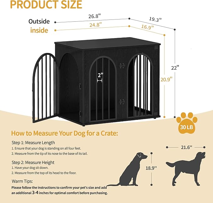 Hzuaneri 26.8'' Wooden Dog Crate Furniture, Indoor Dog Kennel Dogs Cage for Small Dogs, Heavy Duty Dog Crates Decorative Pet House End Side Table TV Stand, Black DFC85504B