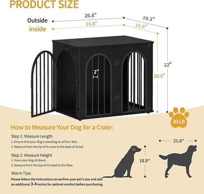 Hzuaneri 26.8'' Wooden Dog Crate Furniture, Indoor Dog Kennel Dogs Cage for Small Dogs, Heavy Duty Dog Crates Decorative Pet House End Side Table TV Stand, Black DFC85504B