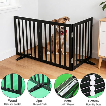 ZJSF Freestanding Indoor Dog Gate for House Foldable Wood Puppy Gate for Doorways Pet Gate for Stairs Extra Wide Pet Fence, Black, 32" Height 3 Panels