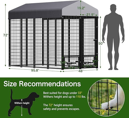Dog Kennel Outdoor 8 x4 x6 ft with Roof and Rotating Bowl Holders, Large Metal Dog Enclosure, Heavy Duty Dog House Built with Robust 4mm Diameter Wire (8'L x 4'W x 6'H)