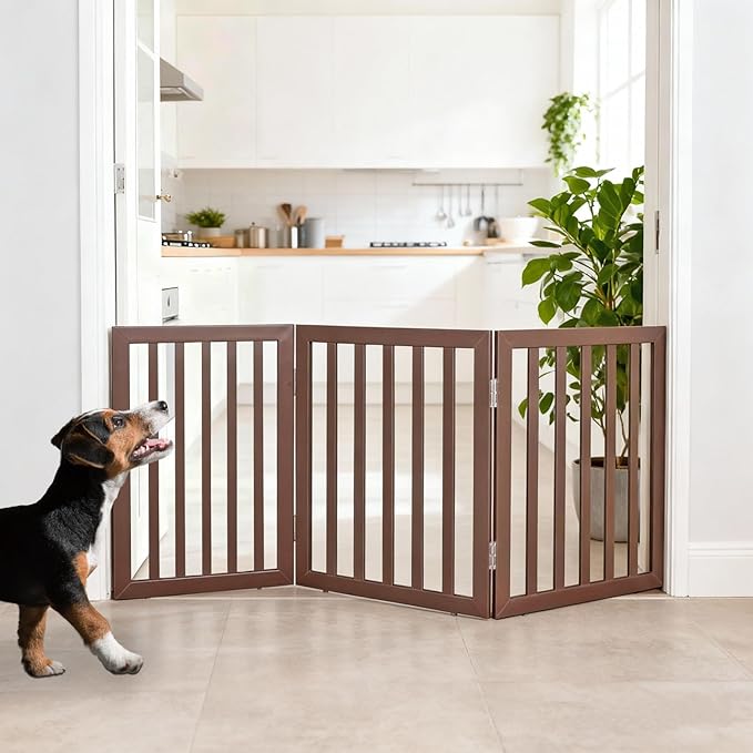 ZJSF Freestanding Indoor Dog Gate for House Foldable Wood Brown Puppy Gate for Doorways Pet Gate for Stairs Extra Wide Pet Fence 24" Height 3 Panels