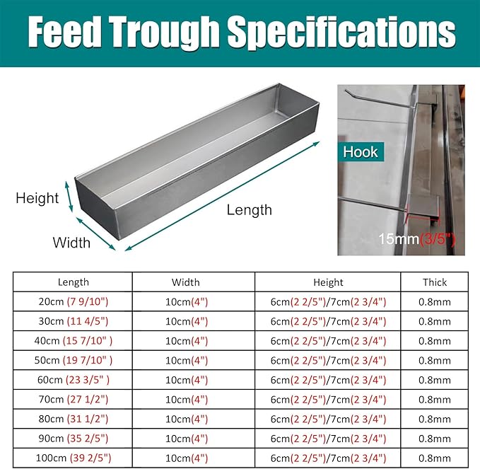 Animal Water Trough Outdoor 8 15 23 35 39 in, Pigeon Chicken Duck Goose Rabbits Hay Feeder, Stainless Steel Small Feeding Trough Set for Livestock/Poultry(H 7cm(2 3/4"),L 60cm (23 3/5"))
