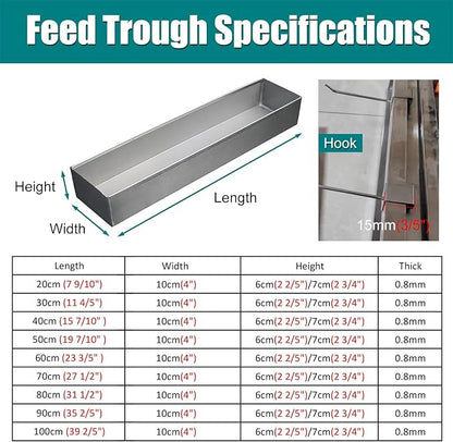 Animal Water Trough Outdoor 8 15 23 35 39 in, Pigeon Chicken Duck Goose Rabbits Hay Feeder, Stainless Steel Small Feeding Trough Set for Livestock/Poultry(H 6cm(2 2/5"),L 70cm (27 1/2"))