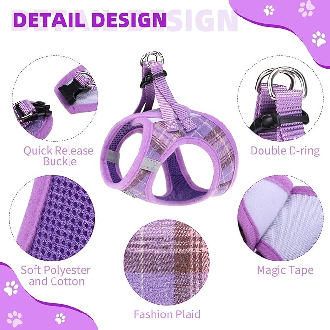 KOOLTAIL Dog Harness and Leash Set for Small Medium Dogs, Step in No Pull Soft Mesh Dog Harness Comfort Padded Pet Vest, Adjustable Reflective Easy Walking Puppy Cats Harness Training, Plaid Purple XS