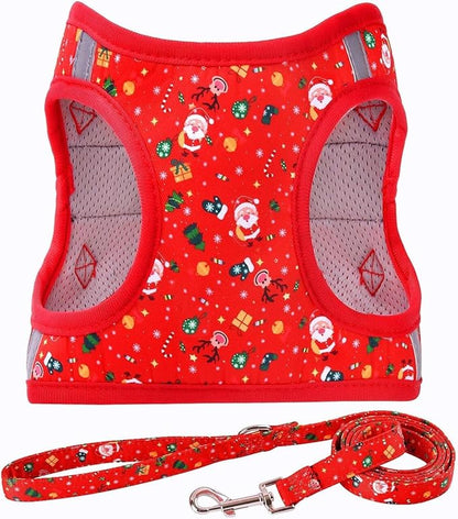 Moonpet Step in Christmas Xmas Day Dog Harness Leash Set- All Weather Reflective No-Pull Floral Pattern Padded Mesh Vest Harness for Cats Puppy Extra-Small Small Medium Large Dogs - XXS