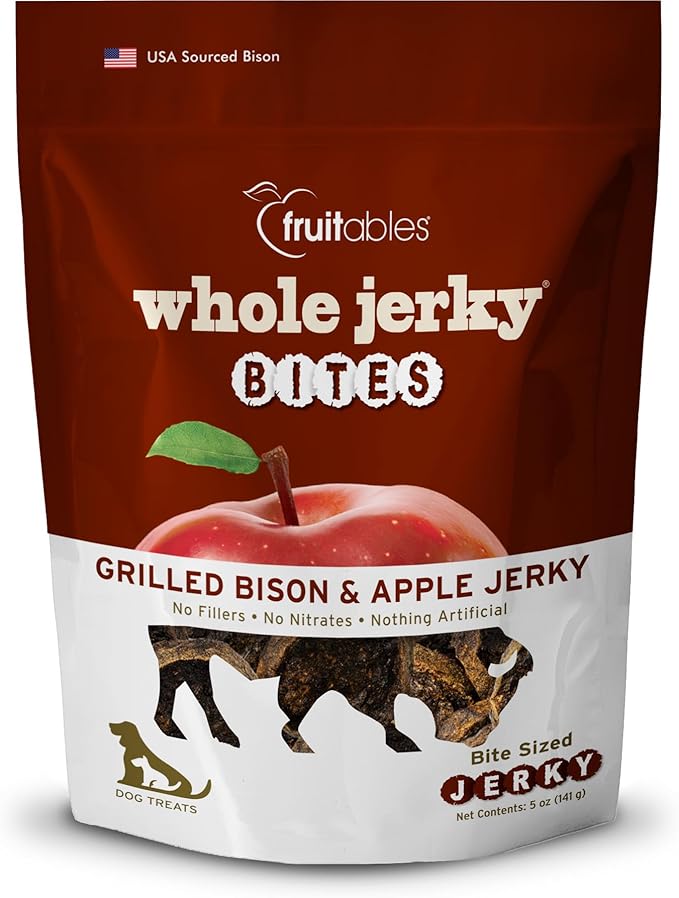 Fruitables Whole Jerky Bites, Healthy Dog Treats, Puppy Essentials, Jerky Dog Treats, Made in the USA, No Artificial Ingredients, Grilled Bison & Apple Flavor, 5oz