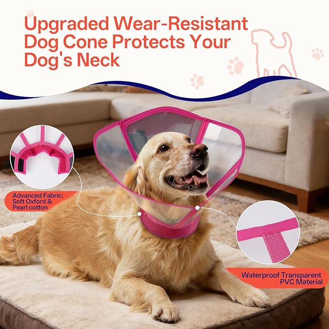 Foldable Dog Cone Collar - Adjustable Elizabethan Recovery Collar for Dogs After Surgery, Transparent Waterproof E-Collar to Stop Licking Wounds, Fits Small Medium Large Dogs, Rose Red, XL