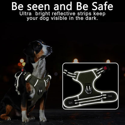 Timos Dog Harness Medium Sized, No Pull Pet Harness with Neck Lockable Snap,No Choke Front Clip Dog Reflective Vest,Adjustable Metal Rings 3 Buckles,Easy Control Handle for Medium Dogs Green M