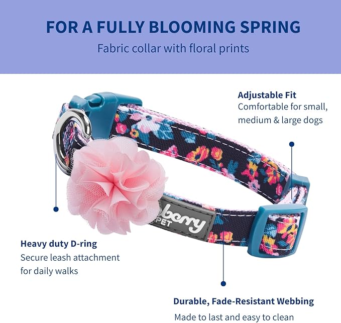 Blueberry Pet Made Well Elegant Floral Print Adjustable Dog Collar in Sleek Black with Pink Artificial Silk Flower, Large, Neck 18"-26"