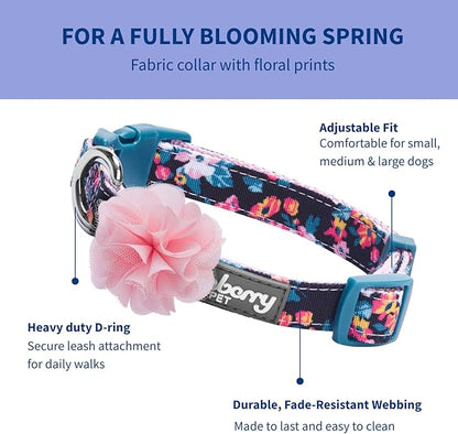Blueberry Pet Made Well Elegant Floral Print Adjustable Dog Collar in Sleek Black with Pink Artificial Silk Flower, Large, Neck 18"-26"