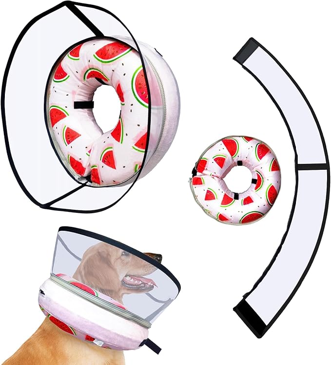 Ovatt PVC inflatable pet collar for small medium and large dogs after surgery ，Washable Dog Cone Collar w/Removable Hard Cone for Dogs After Surgery (Watermelon, L)