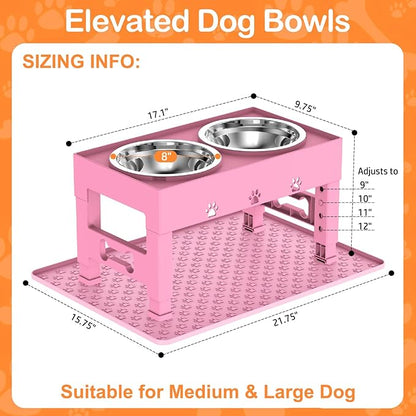 LAKIPETN Elevated Dog Bowls with Mat, Raised Dog Food Bowl Stand with 2 Stainless Steel Bowls, 5 Height Adjustable (3.1", 9", 10", 11", 12") Non-Slip Feeder Set for Medium and Large Dogs – Pink