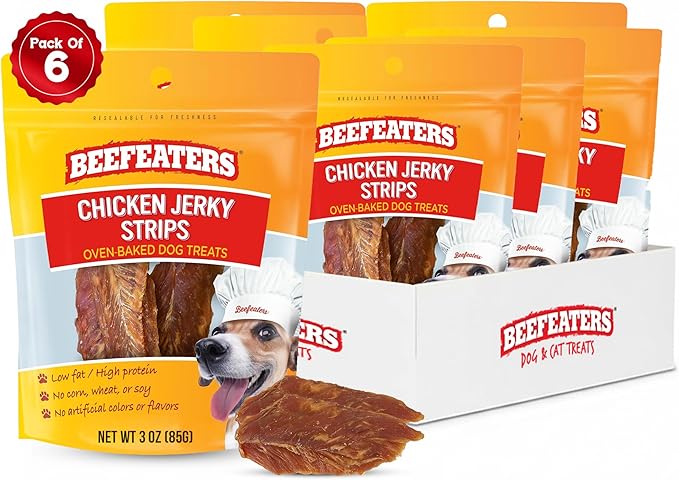Beefeaters Chicken Jerky Strips for Dogs 3oz -Case of 6, 100% Real Chicken Breast, Oven-Baked, Grain-Free Dog Treats for Training & Rewards, High Protein, Low Fat, Resealable Bag, All Life Stages