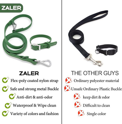 ZALER Dog Collar and Leash Set, Waterproof Adjustable Odor Proof Pet Collars Leashes Easy to Clean, 6FT Dog Leash with 2 Hooks for Large, Medium Small Dogs (S, Green)